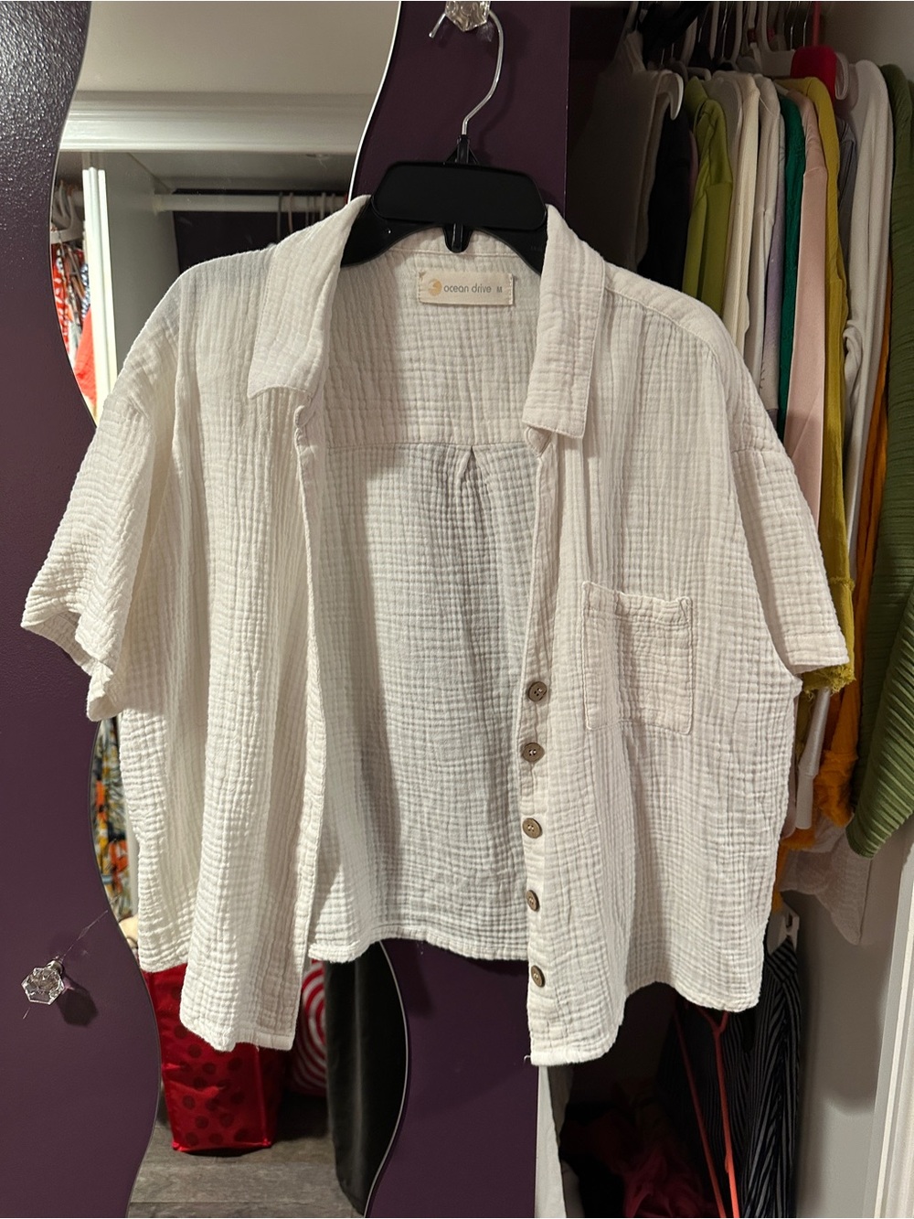 Ocean Drive White Gauze Button-Front Short Sleeve Shirt